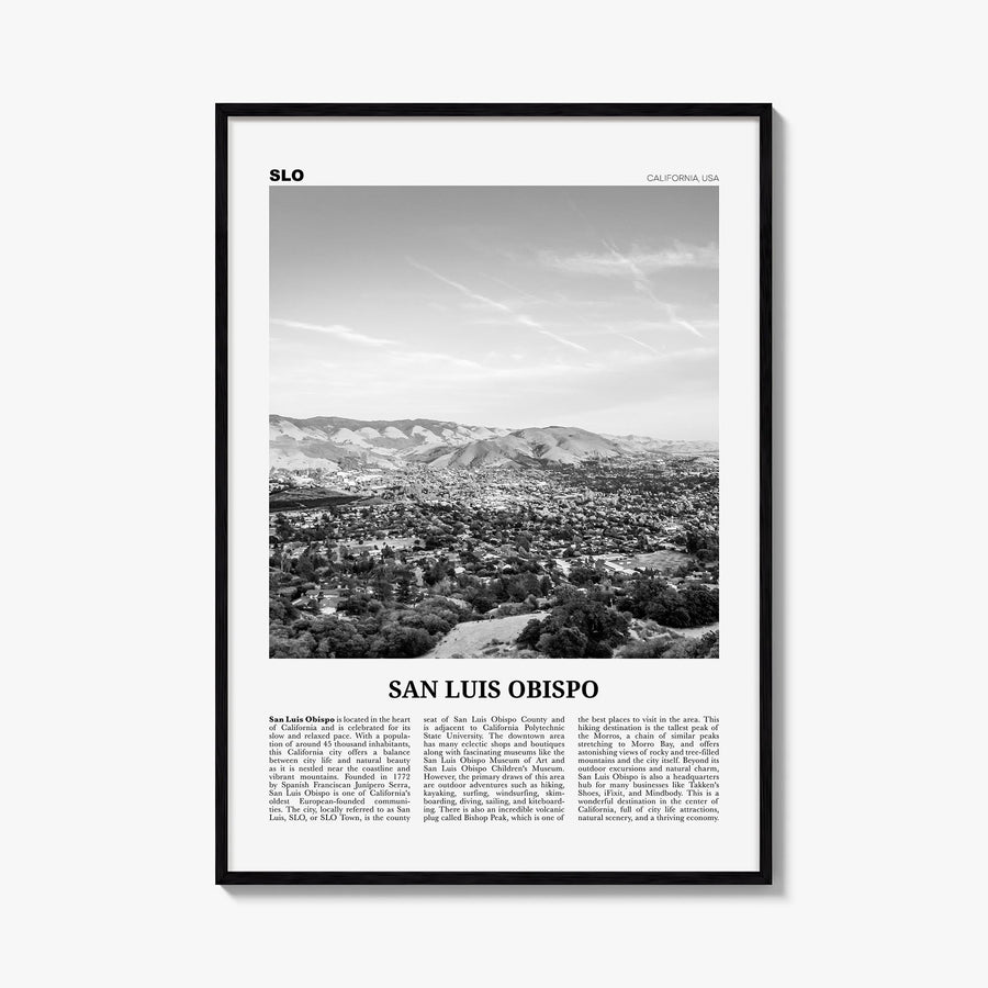 San Luis Obispo black & white newspaper poster of California, USA – vertical wall art, unframed print shown in interior mocku