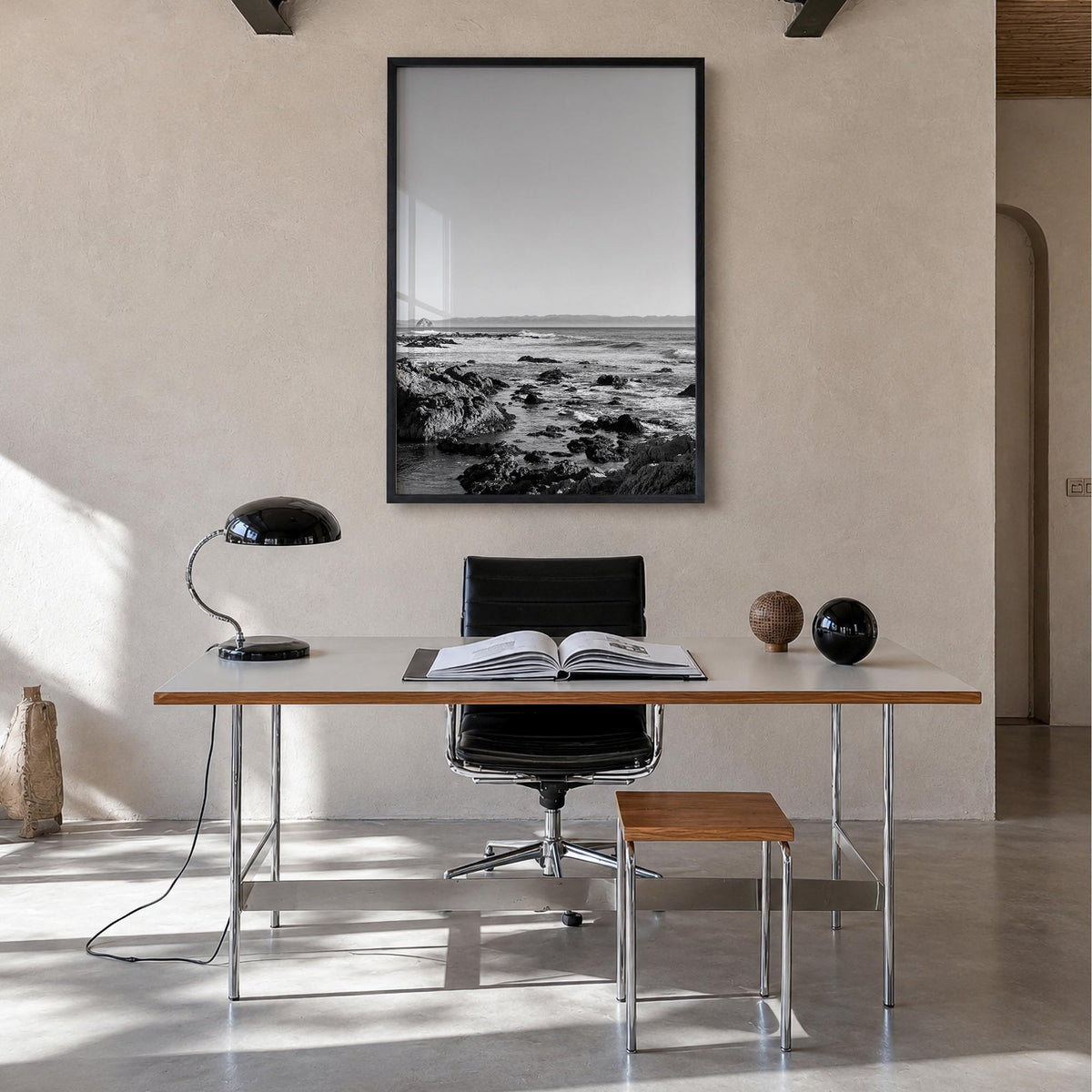 San Luis Obispo black & white photo poster of California, USA – vertical wall art in black wood frame, hanging on wall
