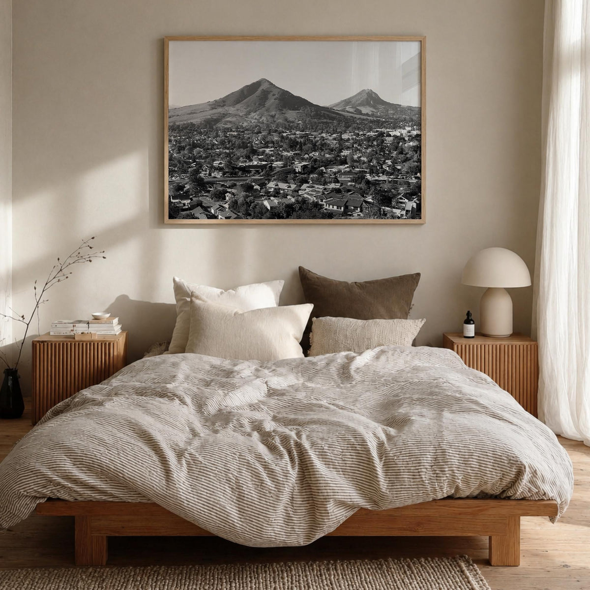 San Luis Obispo black & white photo poster of California, USA – horizontal wall art in natural wood frame, hanging on wall