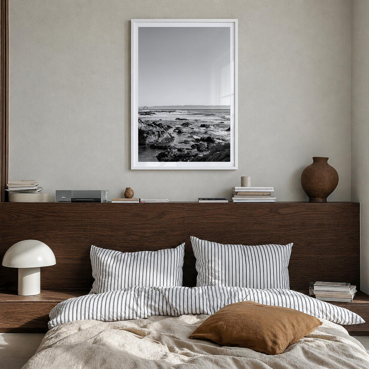San Luis Obispo black & white photo poster of California, USA – vertical wall art in white wood frame with white border, hang