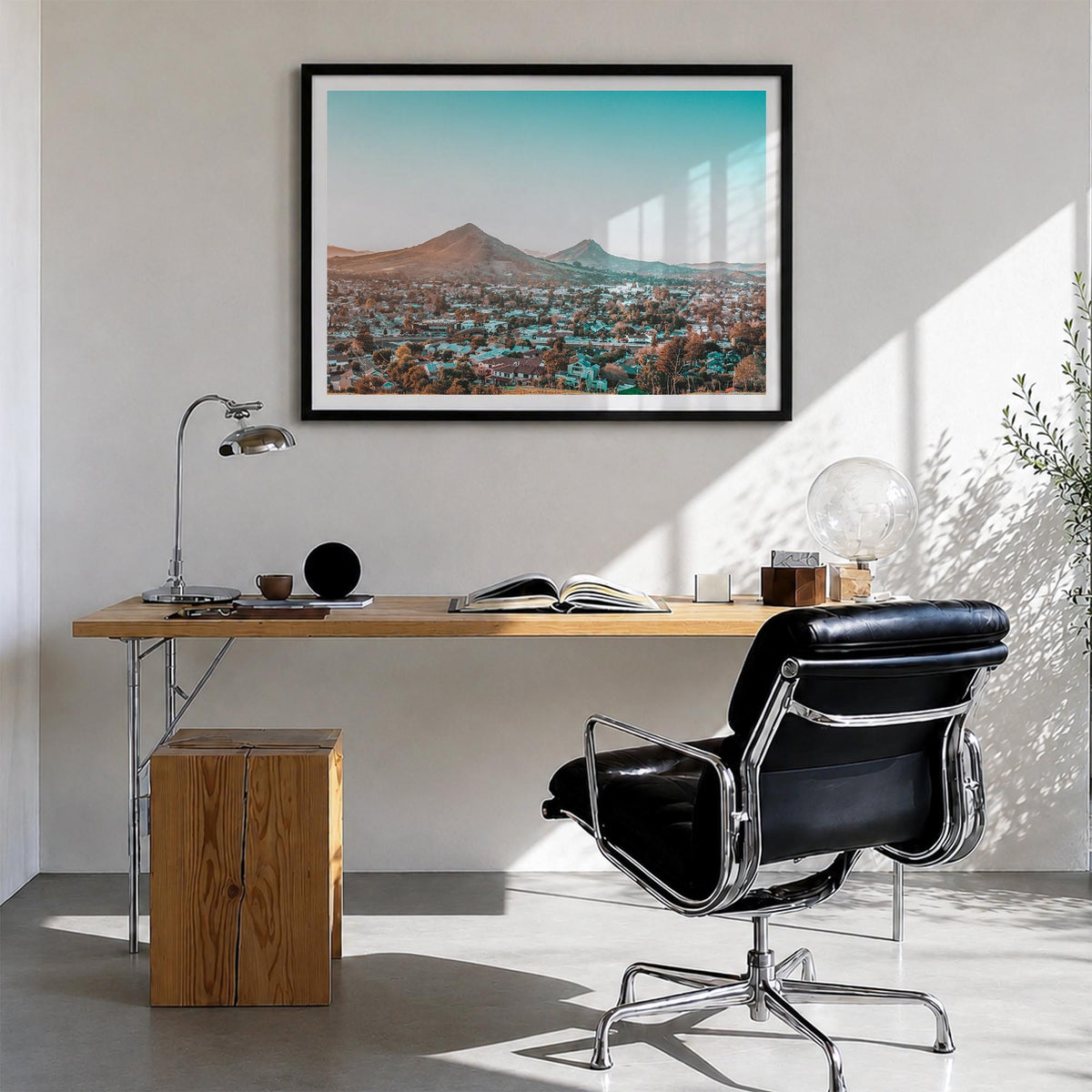 San Luis Obispo colorful photo poster of California, USA – horizontal wall art in black wood frame with white border, hanging