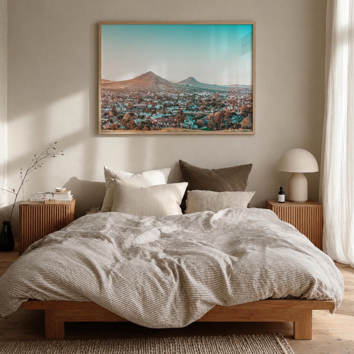 San Luis Obispo colorful photo poster of California, USA – horizontal wall art in natural wood frame, hanging on wall