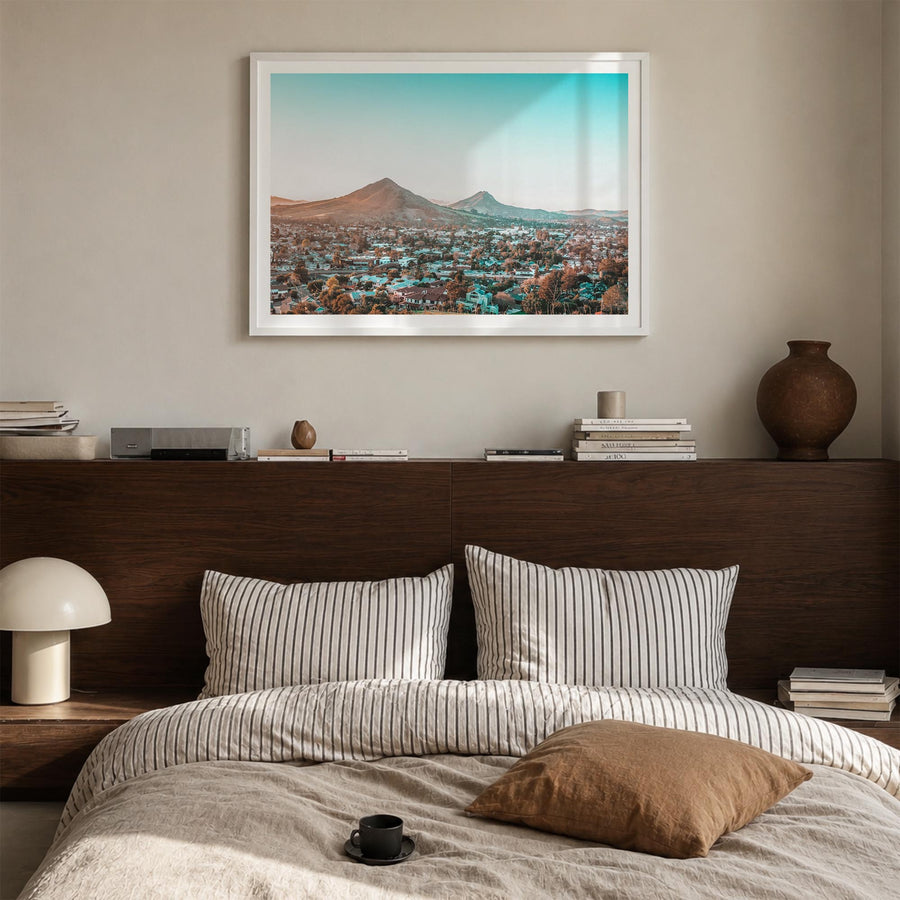 San Luis Obispo colorful photo poster of California, USA – horizontal wall art in white wood frame with white border, hanging