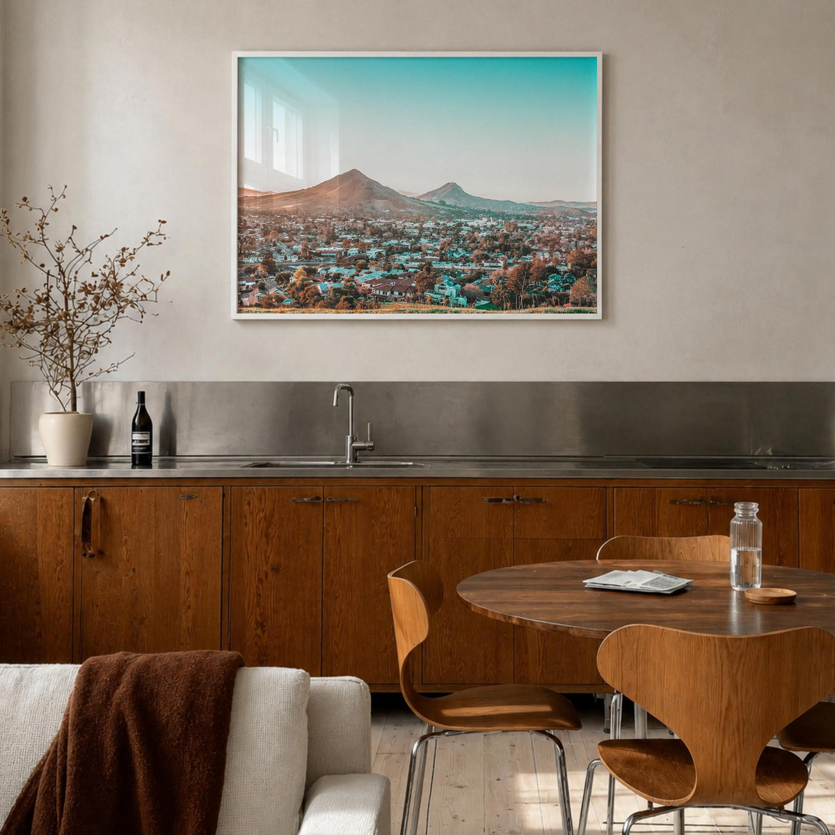 San Luis Obispo colorful photo poster of California, USA – horizontal wall art in white wood frame, hanging on wall