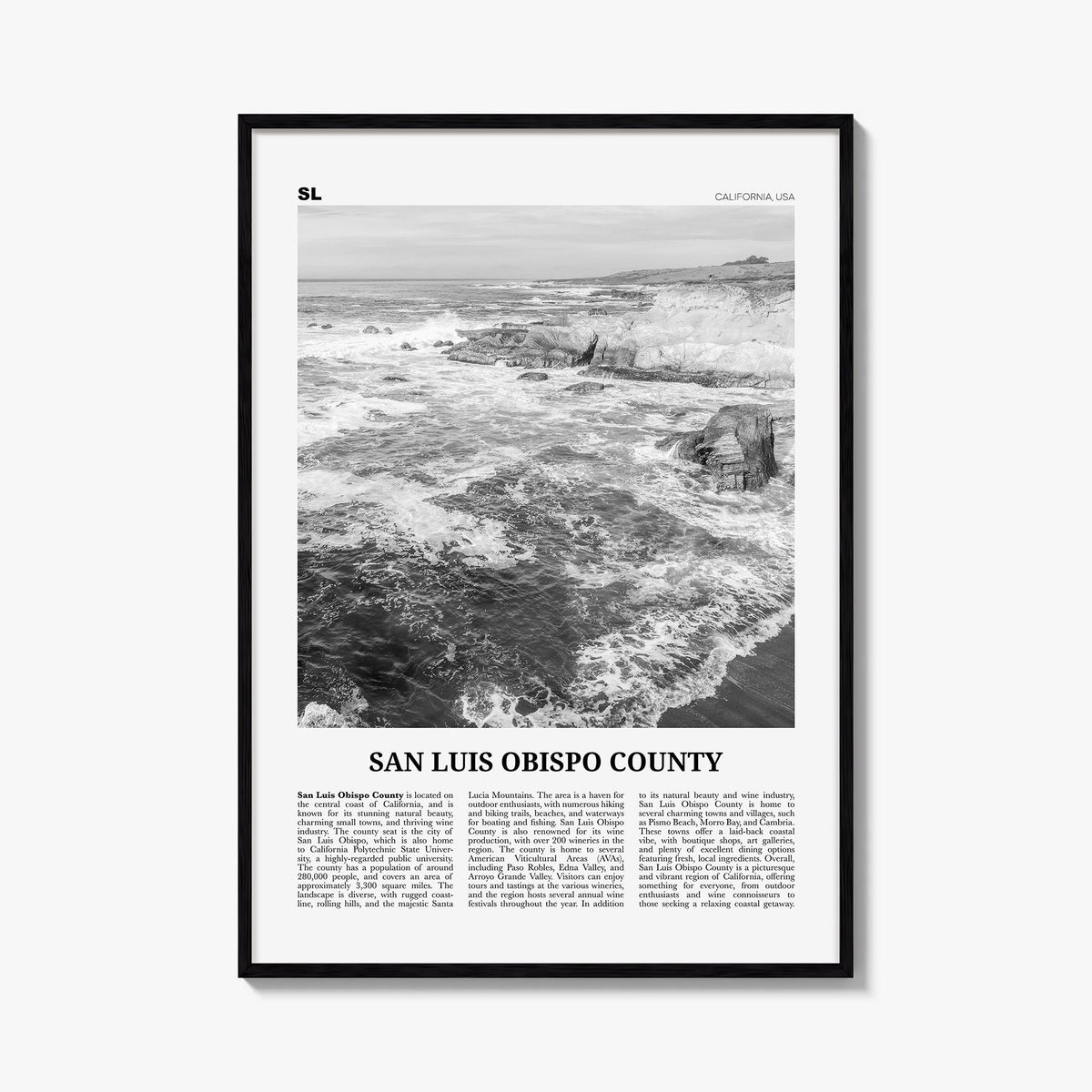 San Luis Obispo County black & white newspaper poster of California, USA – vertical wall art, unframed print shown in interio