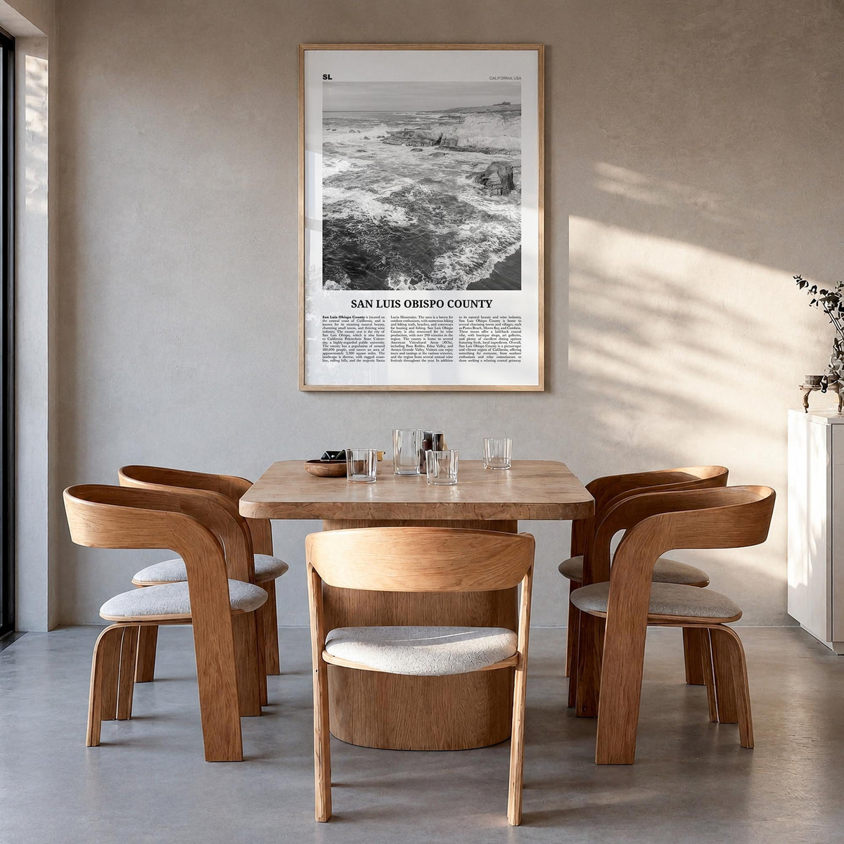 San Luis Obispo County black & white newspaper poster of California, USA – vertical wall art in natural wood frame, hanging o