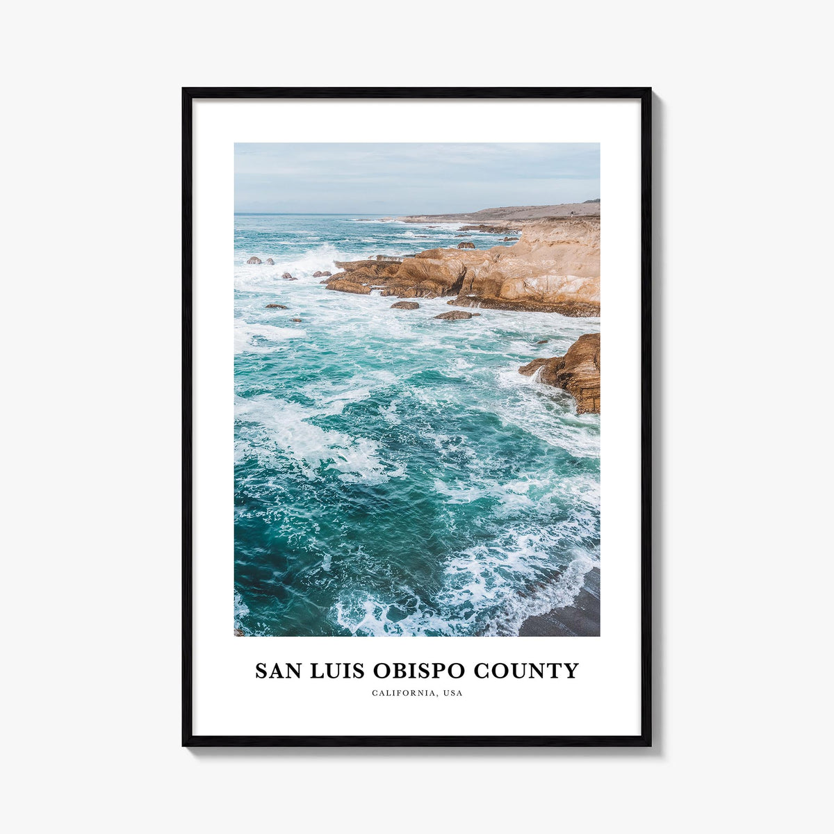 San Luis Obispo County colorful classic poster of California, USA – vertical wall art, unframed print shown in interior mocku