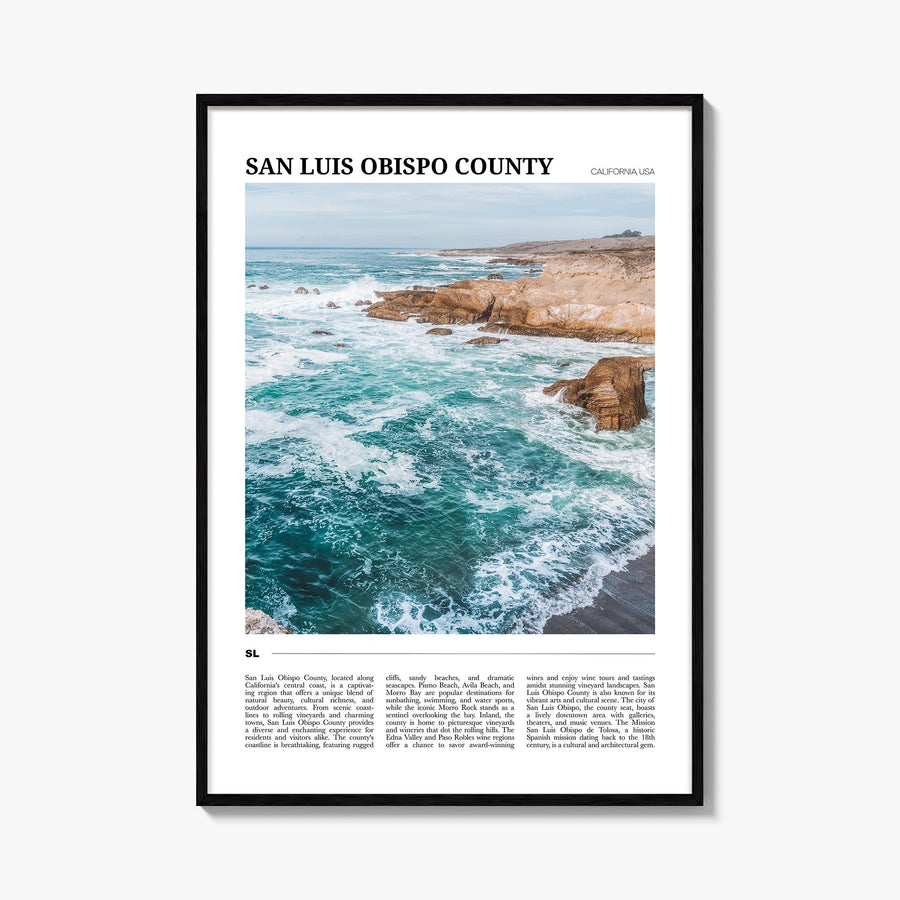 San Luis Obispo County colorful travel poster of California, USA – vertical wall art, unframed print shown in interior mockup