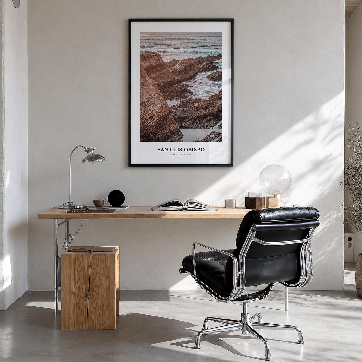 San Luis Obispo no. 1 colorful classic poster of California, USA – vertical wall art in black wood frame, hanging on wall