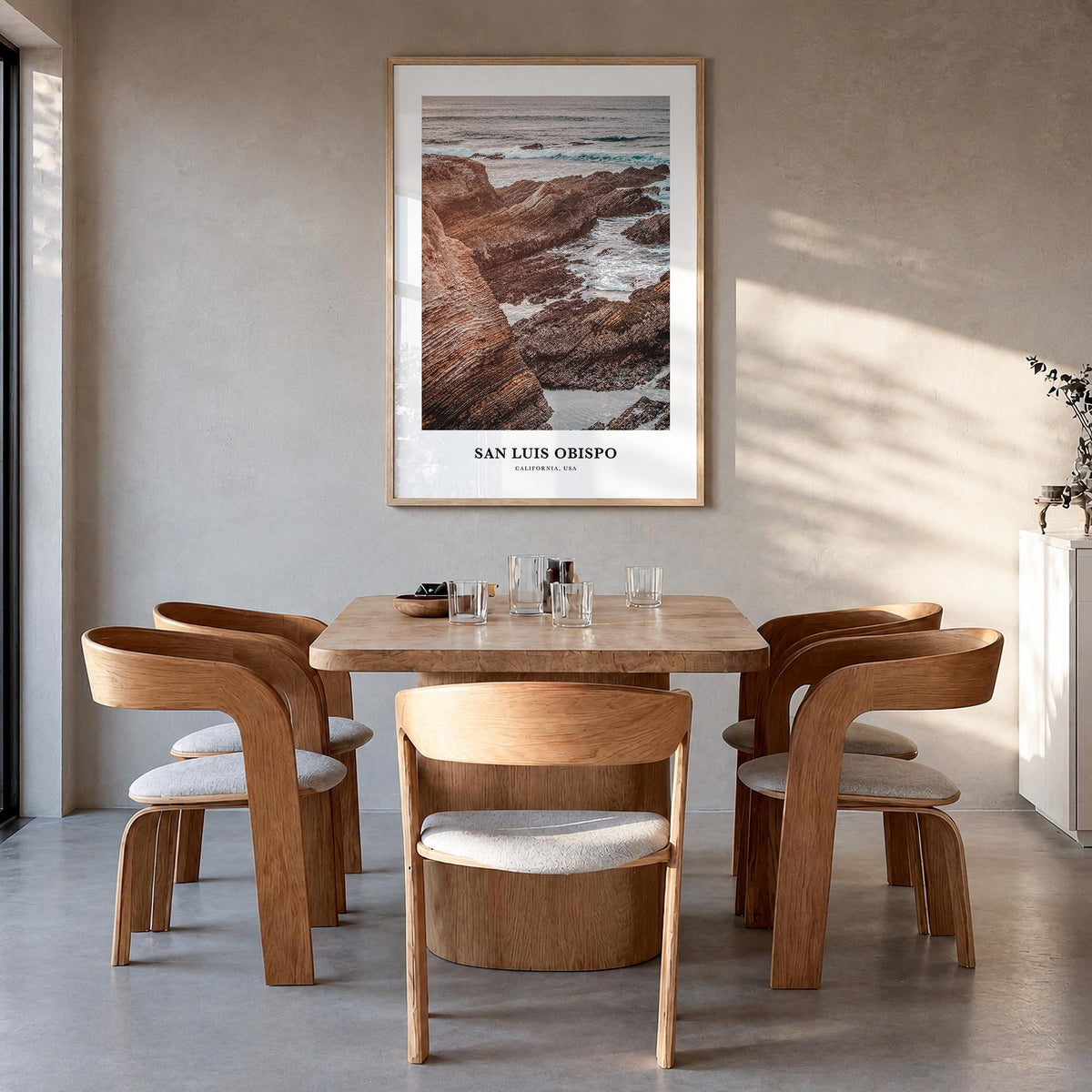 San Luis Obispo no. 1 colorful classic poster of California, USA – vertical wall art in natural wood frame, hanging on wall