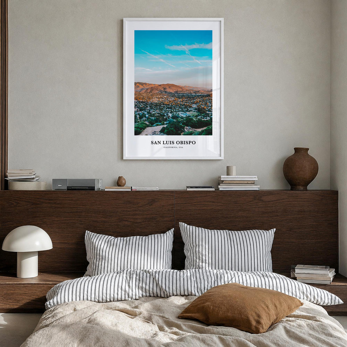 San Luis Obispo no. 2 colorful classic poster of California, USA – vertical wall art in white wood frame, hanging on wall