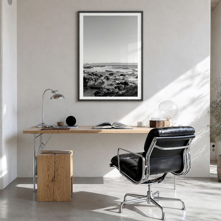 San Luis Obispo Photo Poster in a black wood frame, hanging in a bright home office, white border