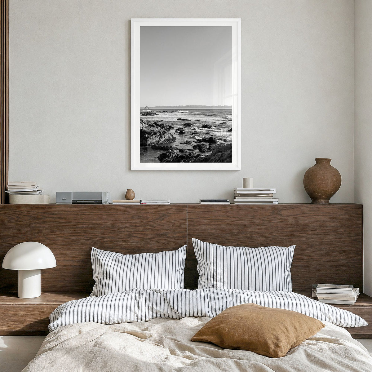 San Luis Obispo Photo Poster in a white wood frame, hanging in a bedroom, white border