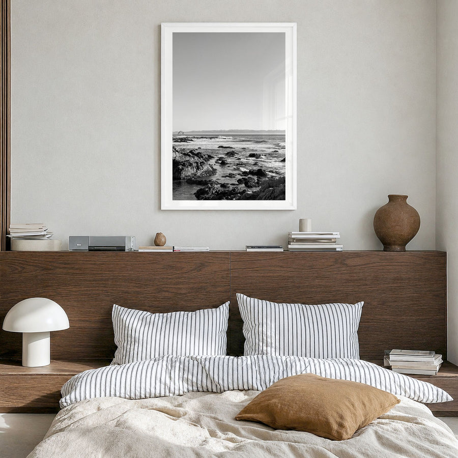 San Luis Obispo Photo Poster in a white wood frame, hanging in a bedroom, white border