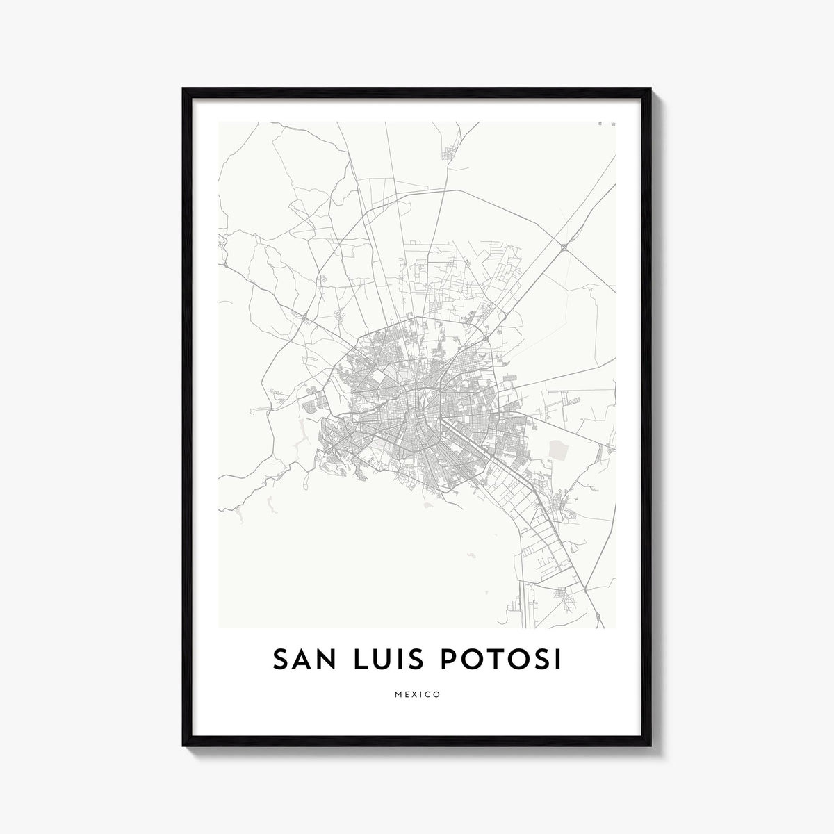 San Luis Potosí black & white map poster of Mexico – vertical wall art, unframed print shown in interior mockup