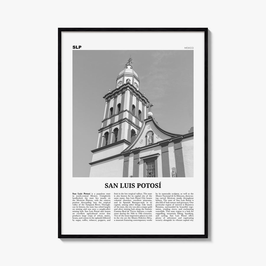 San Luis Potosí black & white newspaper poster of Mexico – vertical wall art, unframed print shown in interior mockup