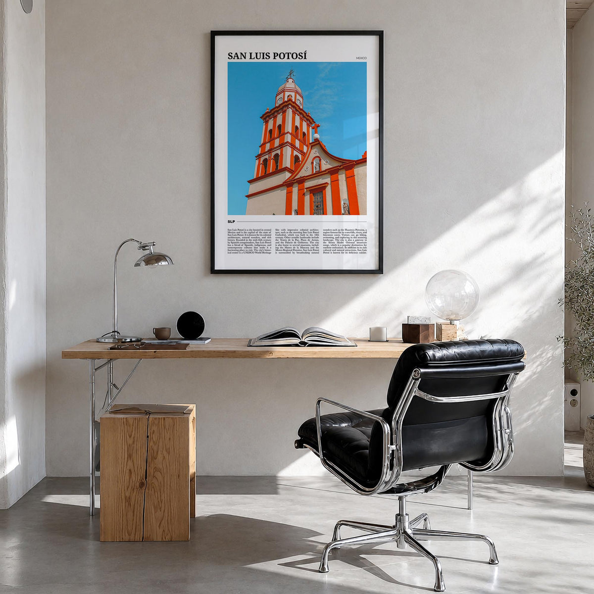 San Luis Potosí colorful travel poster of Mexico – vertical wall art in black wood frame, hanging on wall