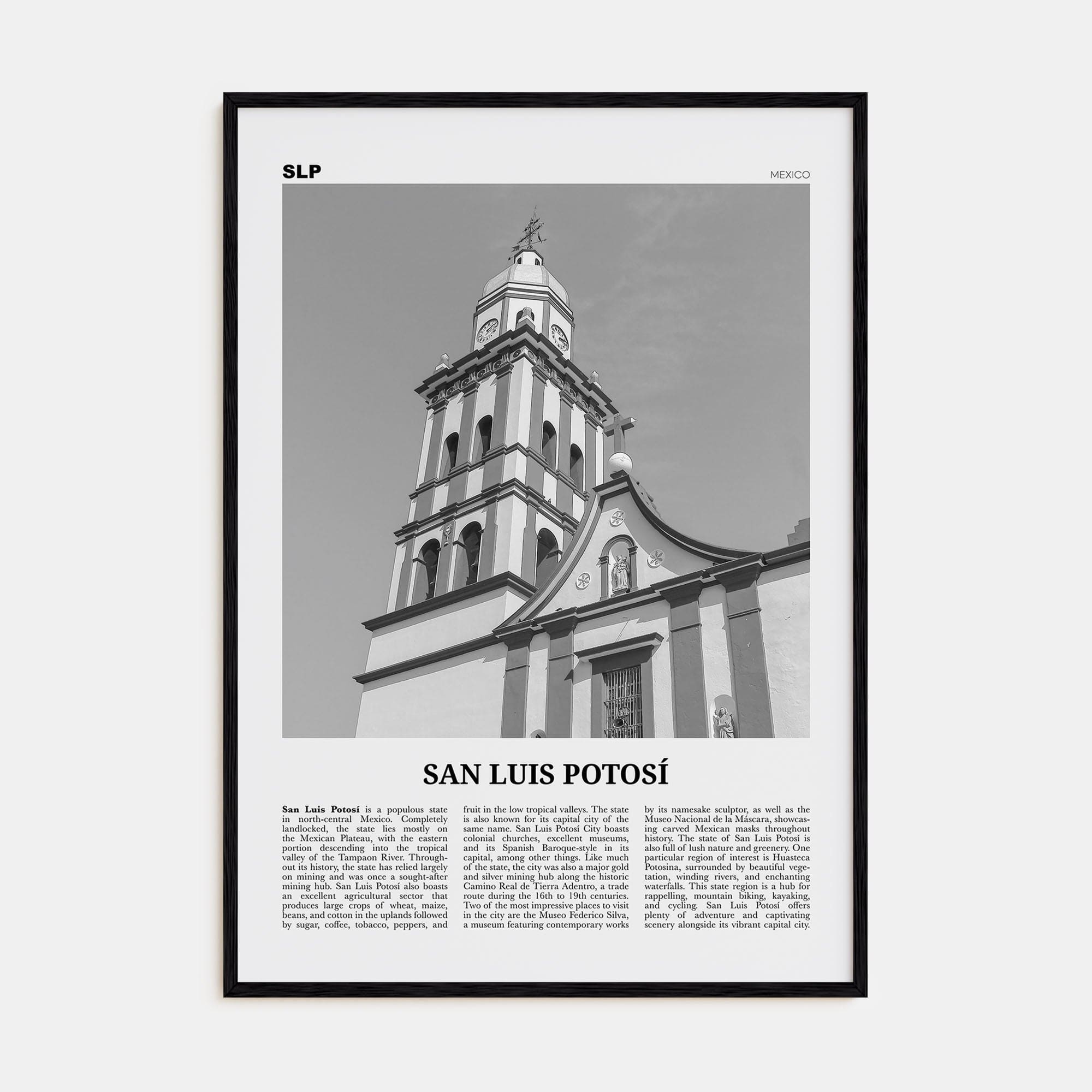 San Luis Potosí Poster Black Wood / 8x12 in Nbourhood Travel B&W Poster