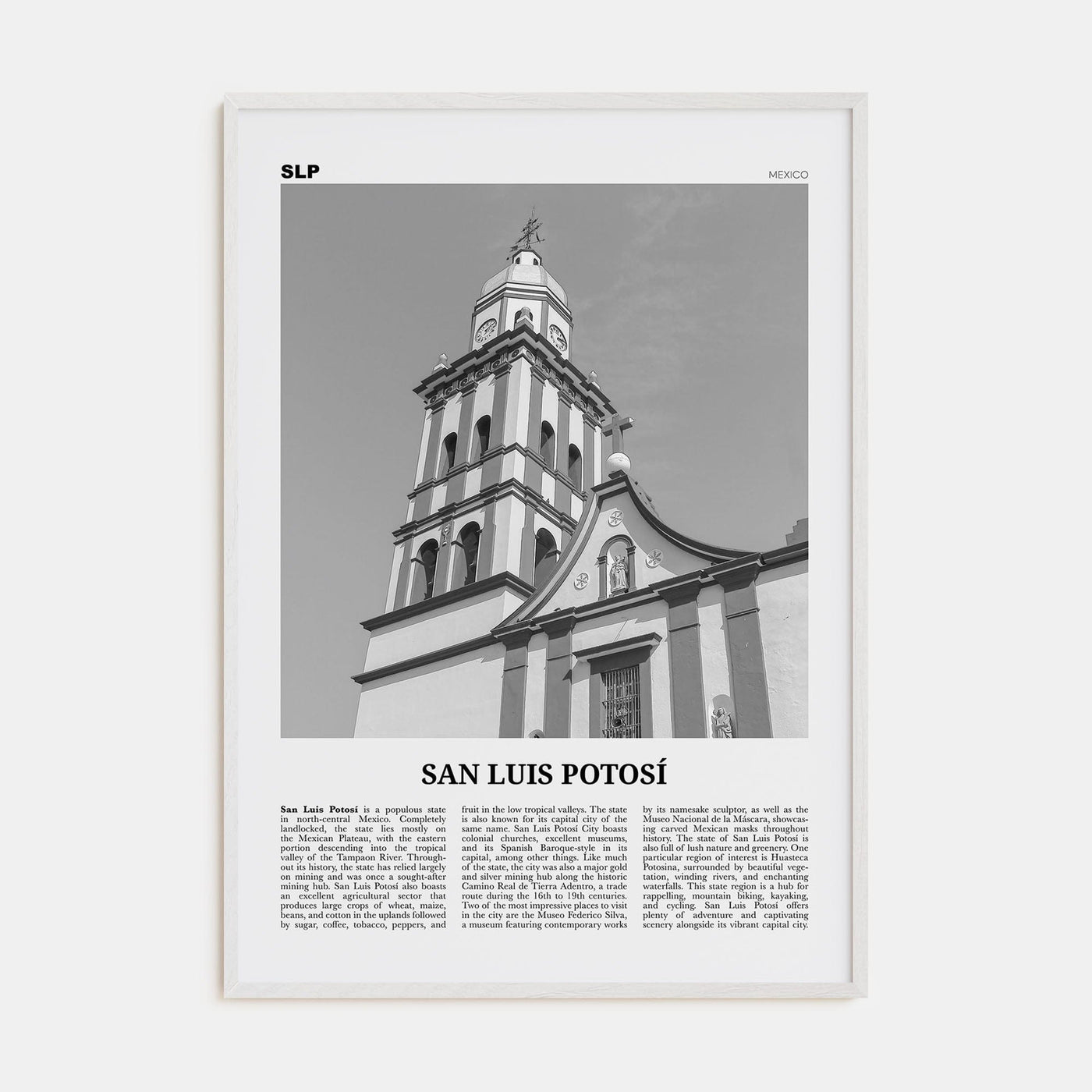 San Luis Potosí Poster White Wood / 8x12 in Nbourhood Travel B&W Poster