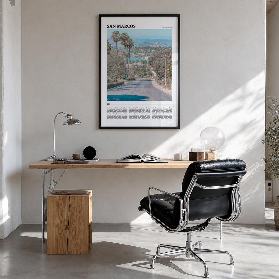 San Marcos no. 1 colorful travel poster of Texas, USA – vertical wall art in black wood frame, hanging on wall