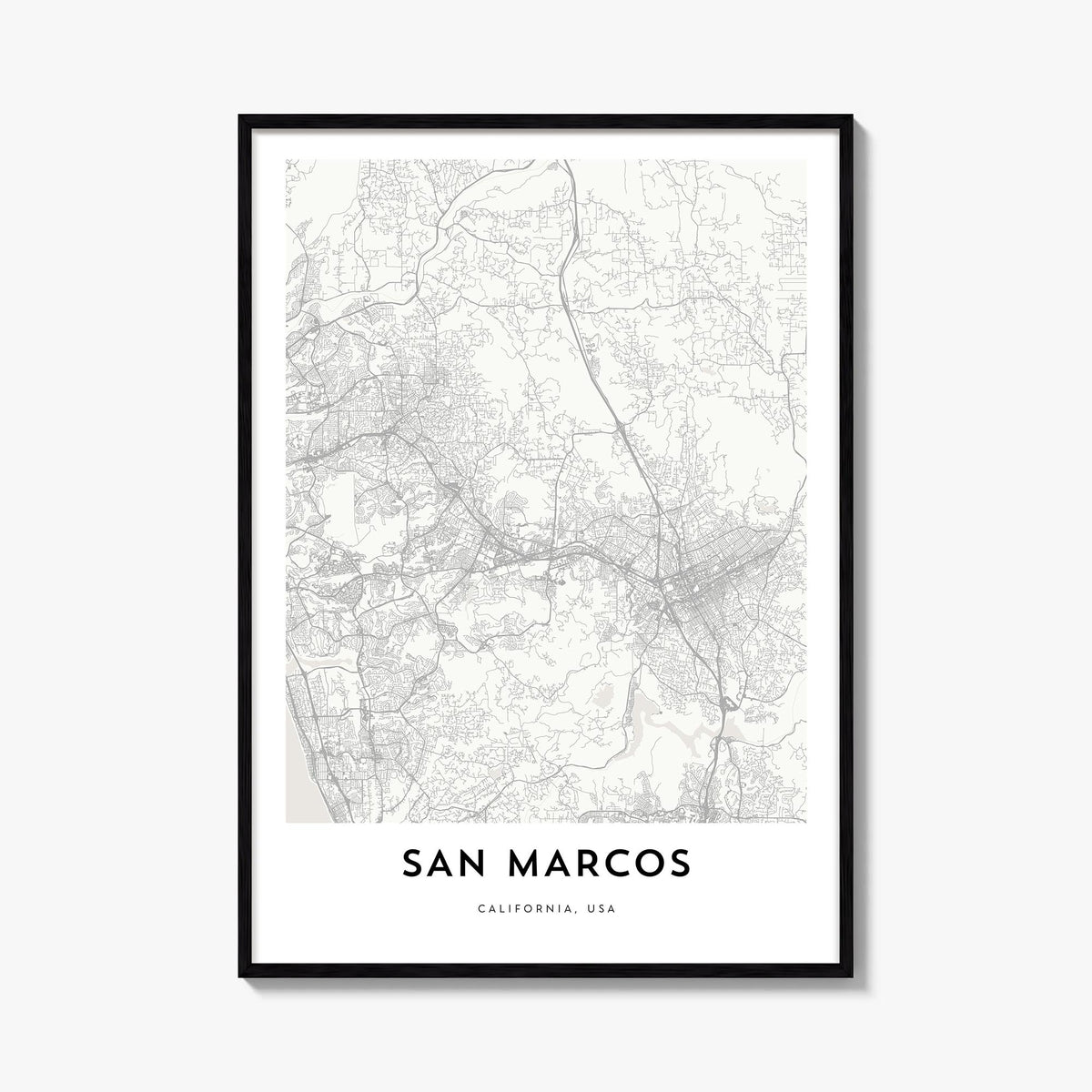 San Marcos black & white map poster of California, USA – vertical wall art, unframed print shown in interior mockup