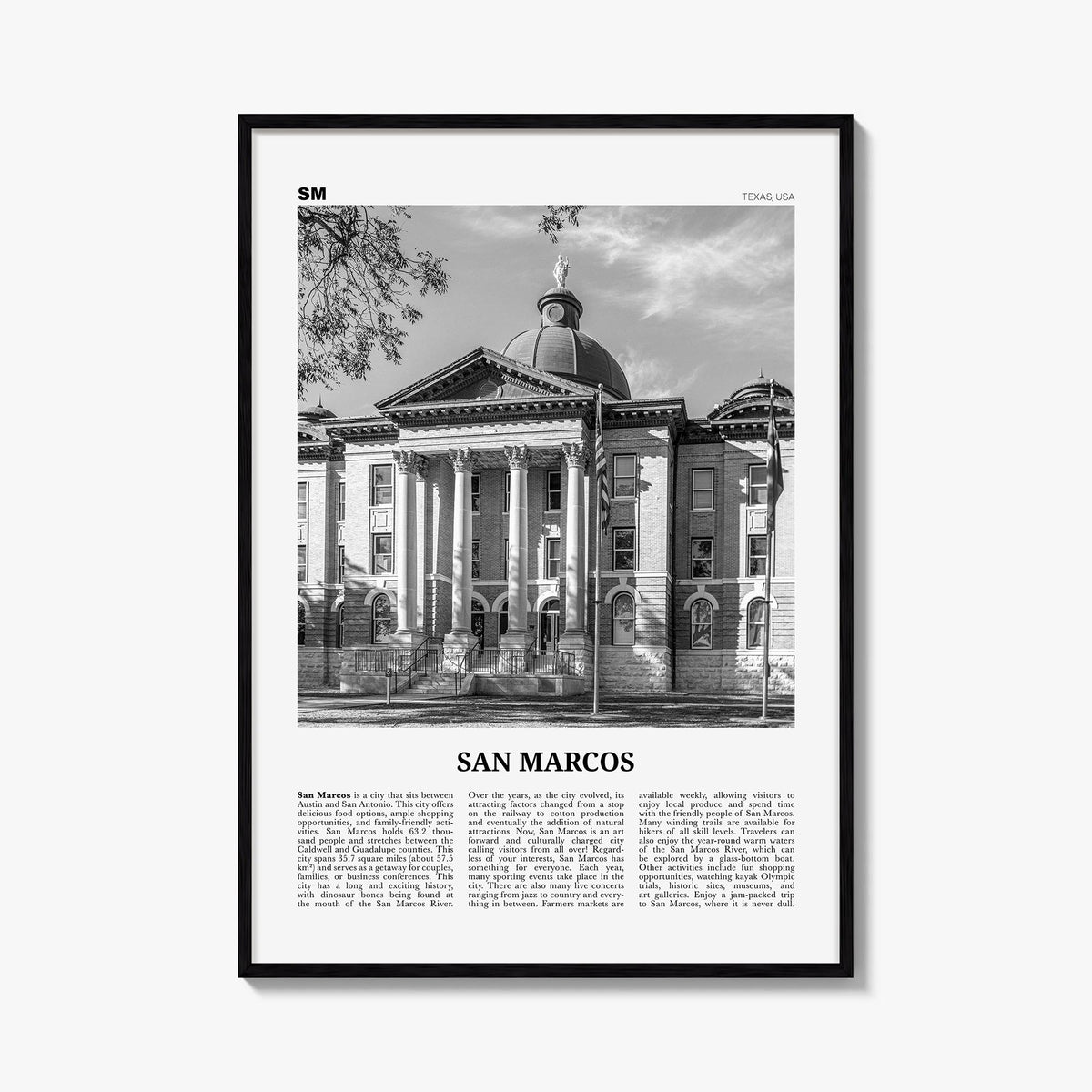San Marcos no. 1 black & white newspaper poster of California, USA – vertical wall art, unframed print shown in interior mock