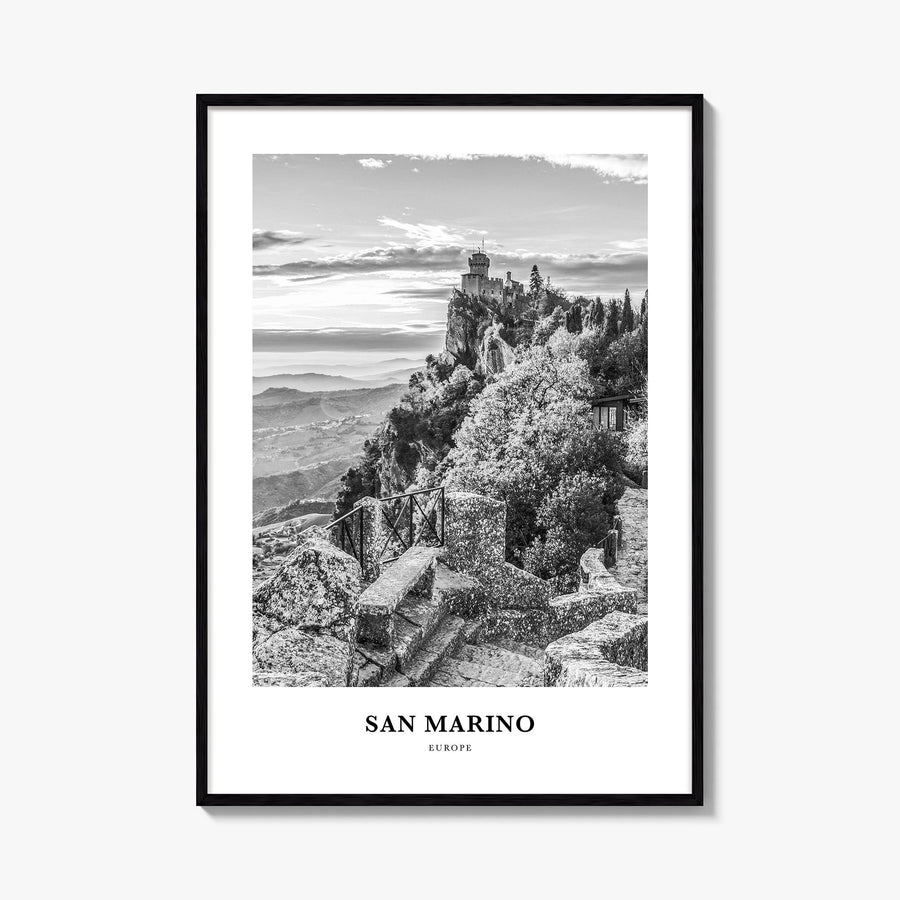 San Marino black & white classic poster of Europe – vertical wall art, unframed print shown in interior mockup