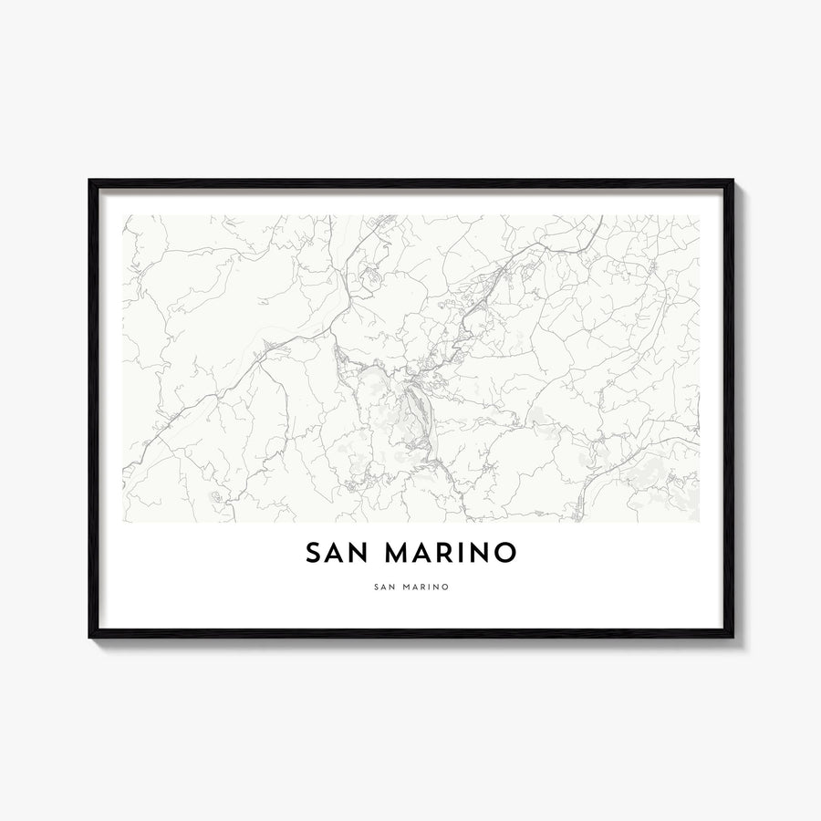 San Marino black & white map poster of Europe – horizontal wall art, unframed print shown in interior mockup