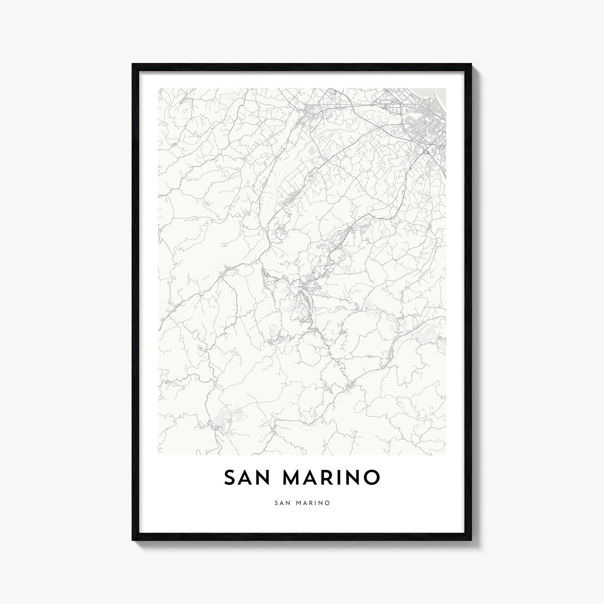 San Marino black & white map poster of Europe – vertical wall art, unframed print shown in interior mockup