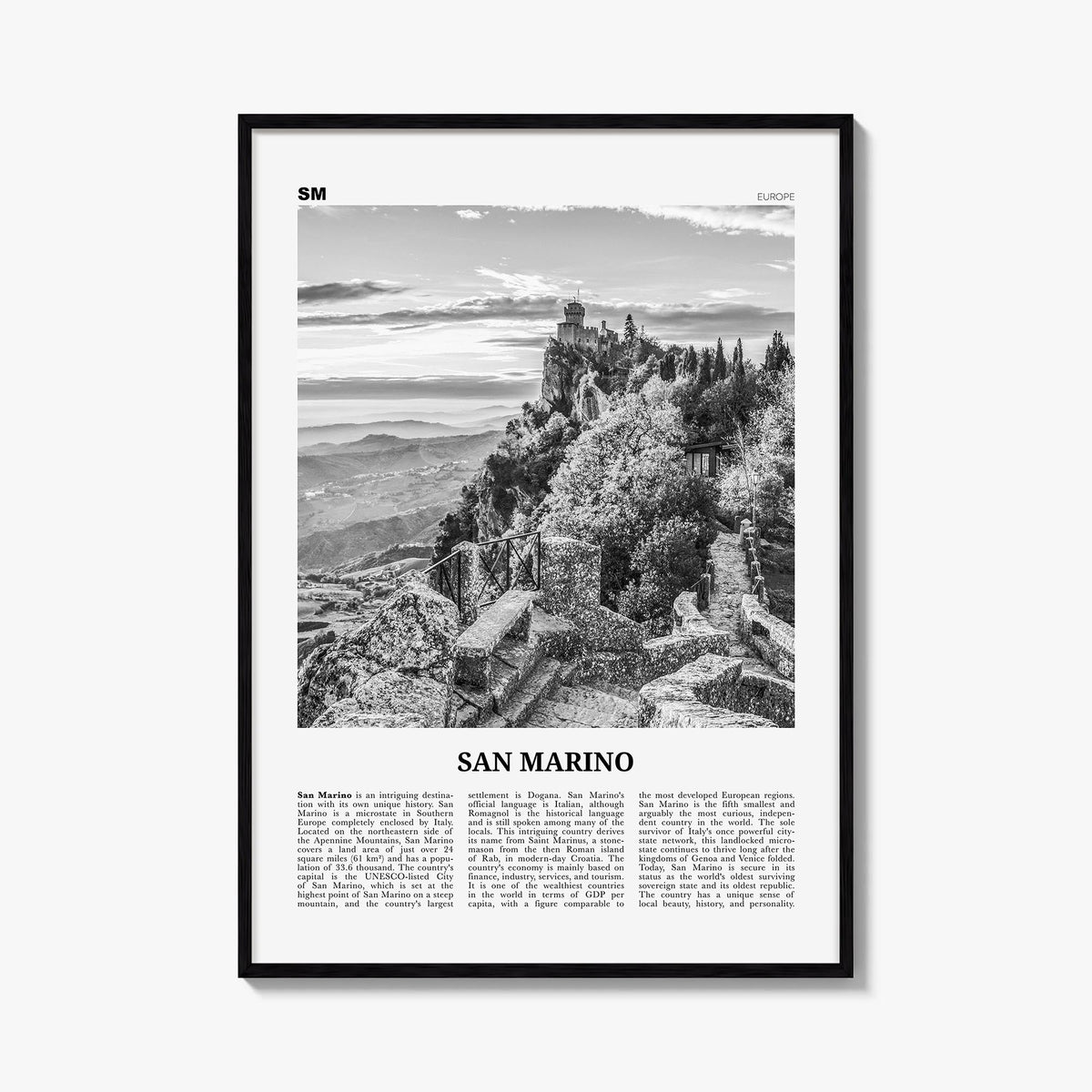 San Marino black & white newspaper poster of Europe – vertical wall art, unframed print shown in interior mockup