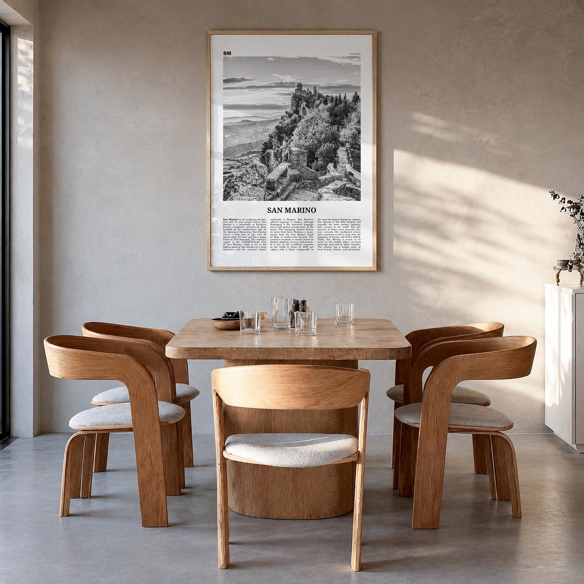 San Marino black & white newspaper poster of Europe – vertical wall art in natural wood frame, hanging on wall
