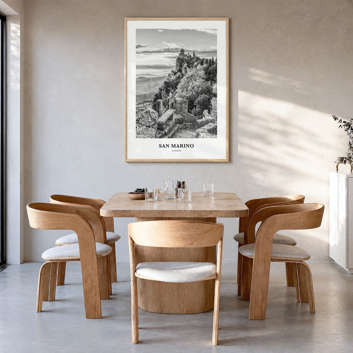 San Marino Classic Poster in a natural wood frame, hanging in a dining room