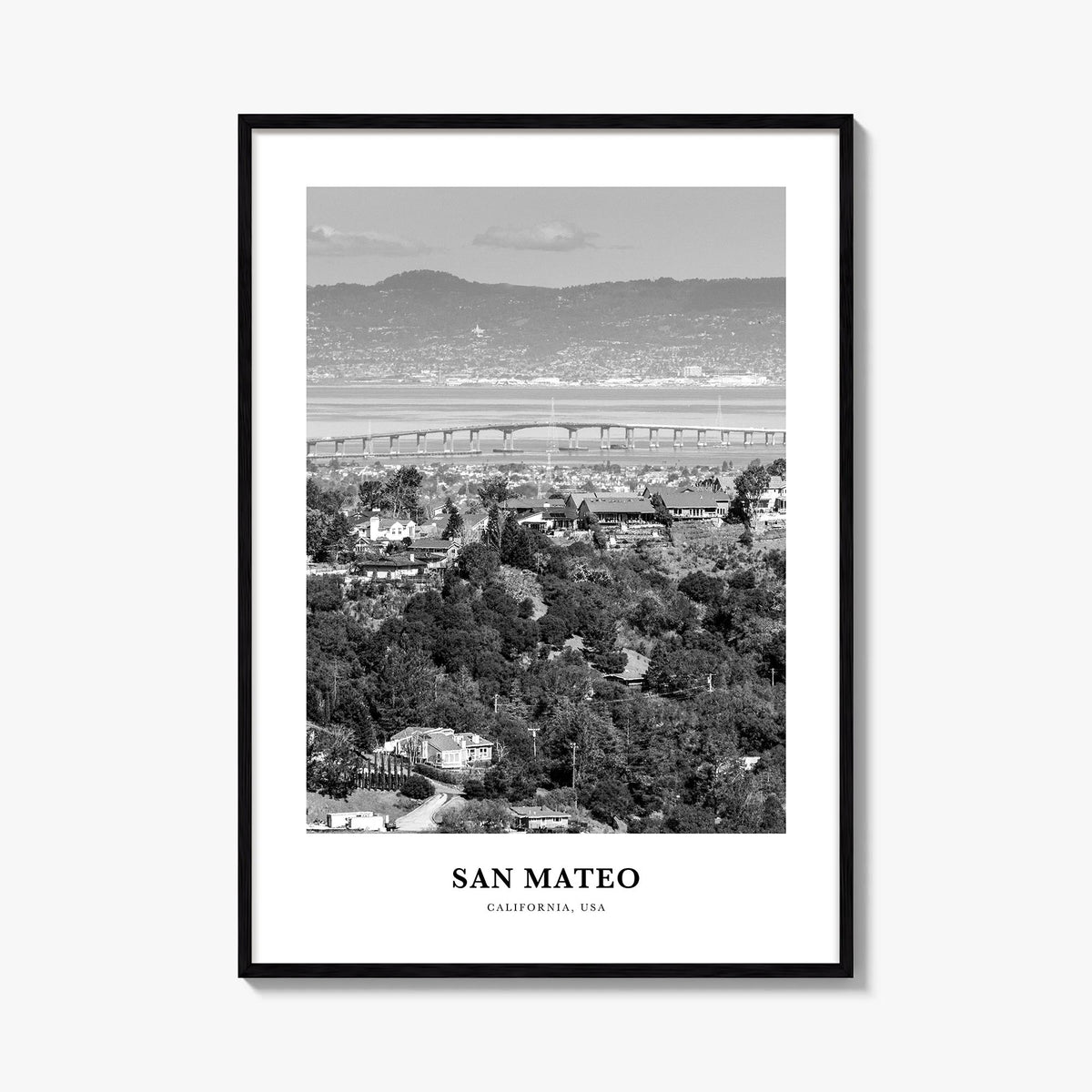 San Mateo black & white classic poster of California, USA – vertical wall art, unframed print shown in interior mockup
