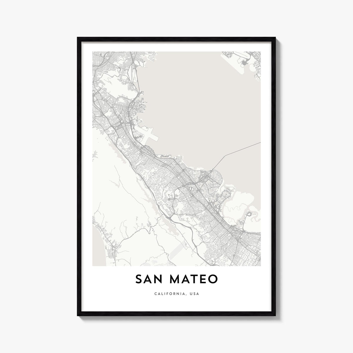 San Mateo black & white map poster of California, USA – vertical wall art, unframed print shown in interior mockup