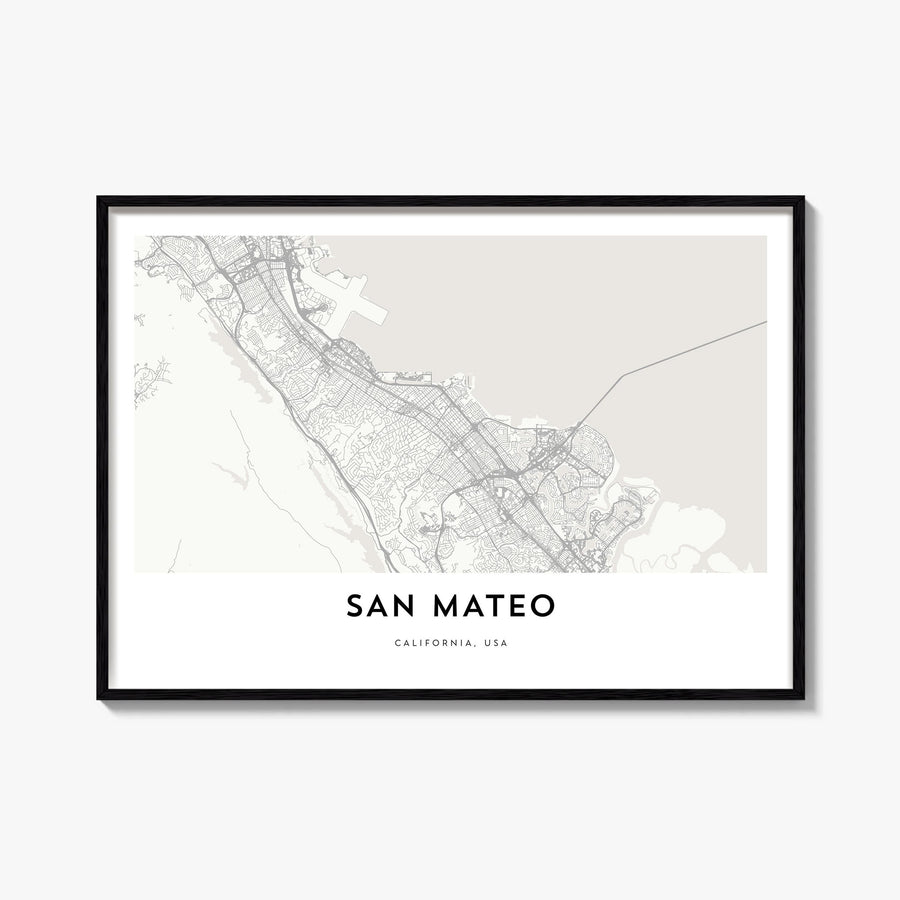 San Mateo black & white map poster of California, USA – horizontal wall art, unframed print shown in interior mockup