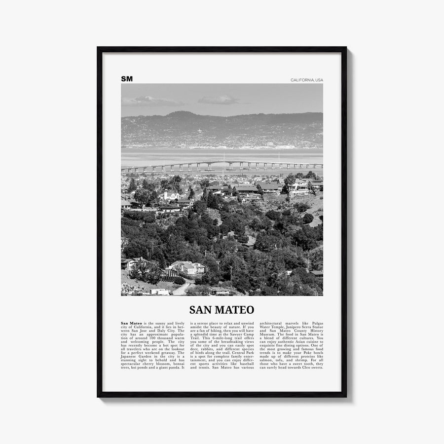 San Mateo black & white newspaper poster of California, USA – vertical wall art, unframed print shown in interior mockup