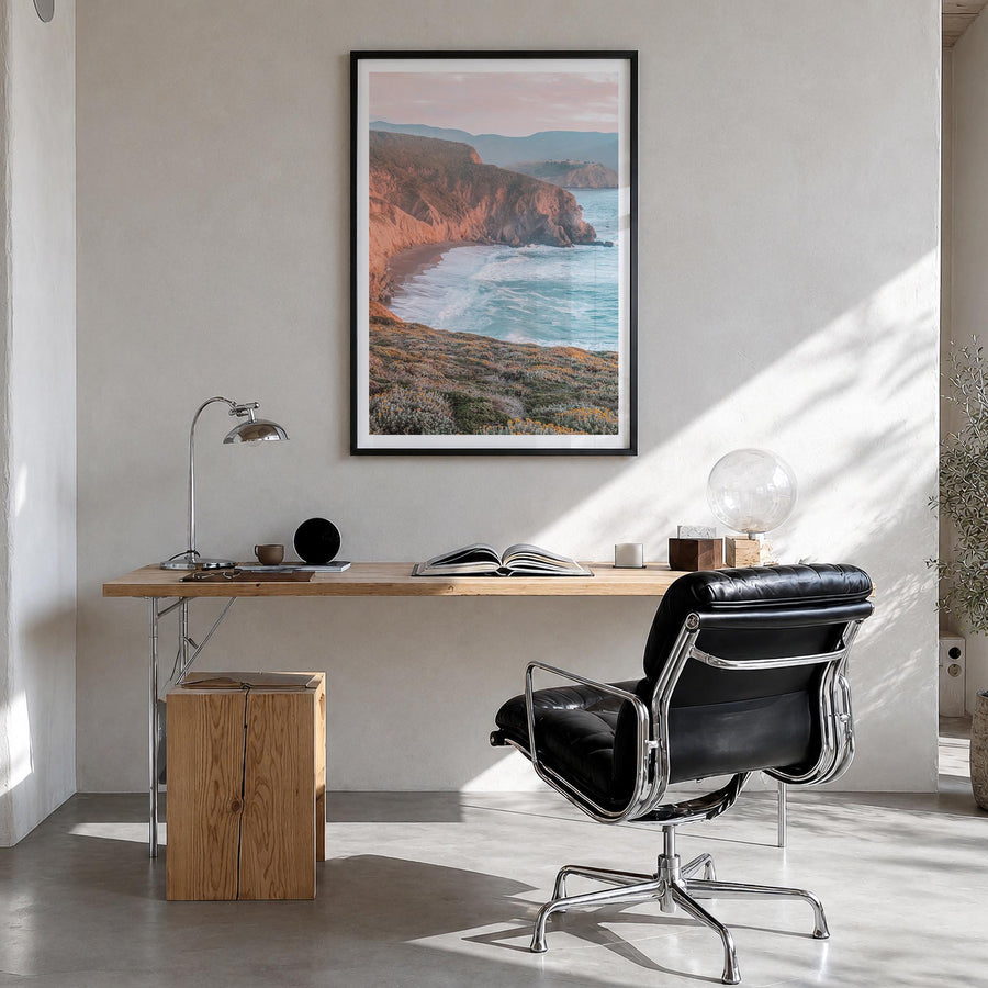 San Mateo colorful photo poster of California, USA – vertical wall art in black wood frame with white border, hanging on wall