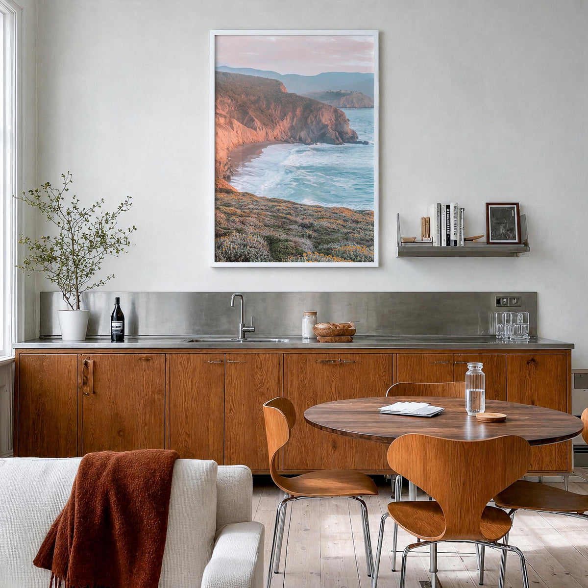 San Mateo colorful photo poster of California, USA – vertical wall art in white wood frame, hanging on wall
