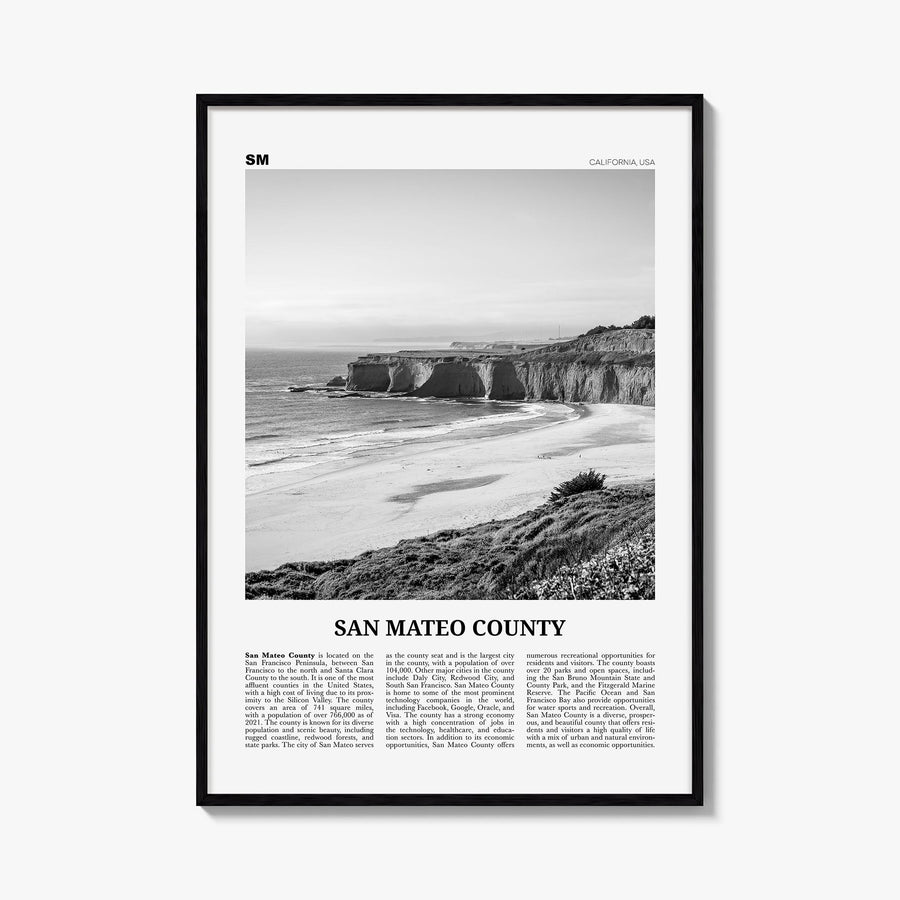 San Mateo County black & white newspaper poster of California, USA – vertical wall art, unframed print shown in interior mock