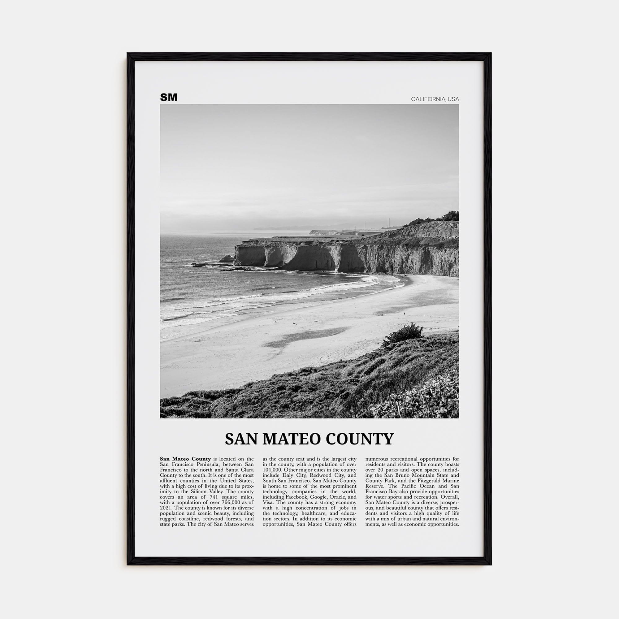 San Mateo County Poster Black Wood / 8x12 in Nbourhood Travel B&W Poster