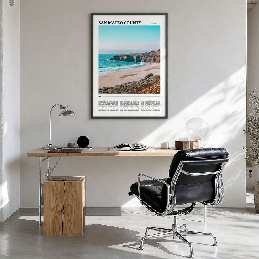 San Mateo County Travel Poster in a black wood frame, hanging in a bright home office