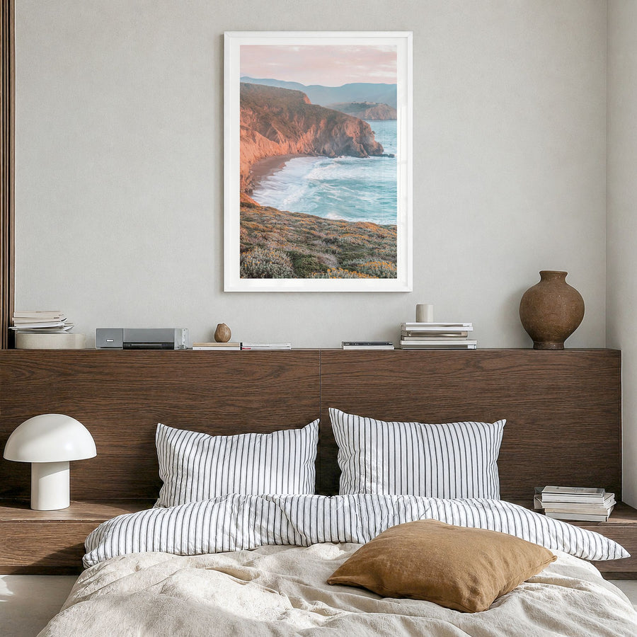 San Mateo Photo Poster in a white wood frame, hanging in a bedroom, white border