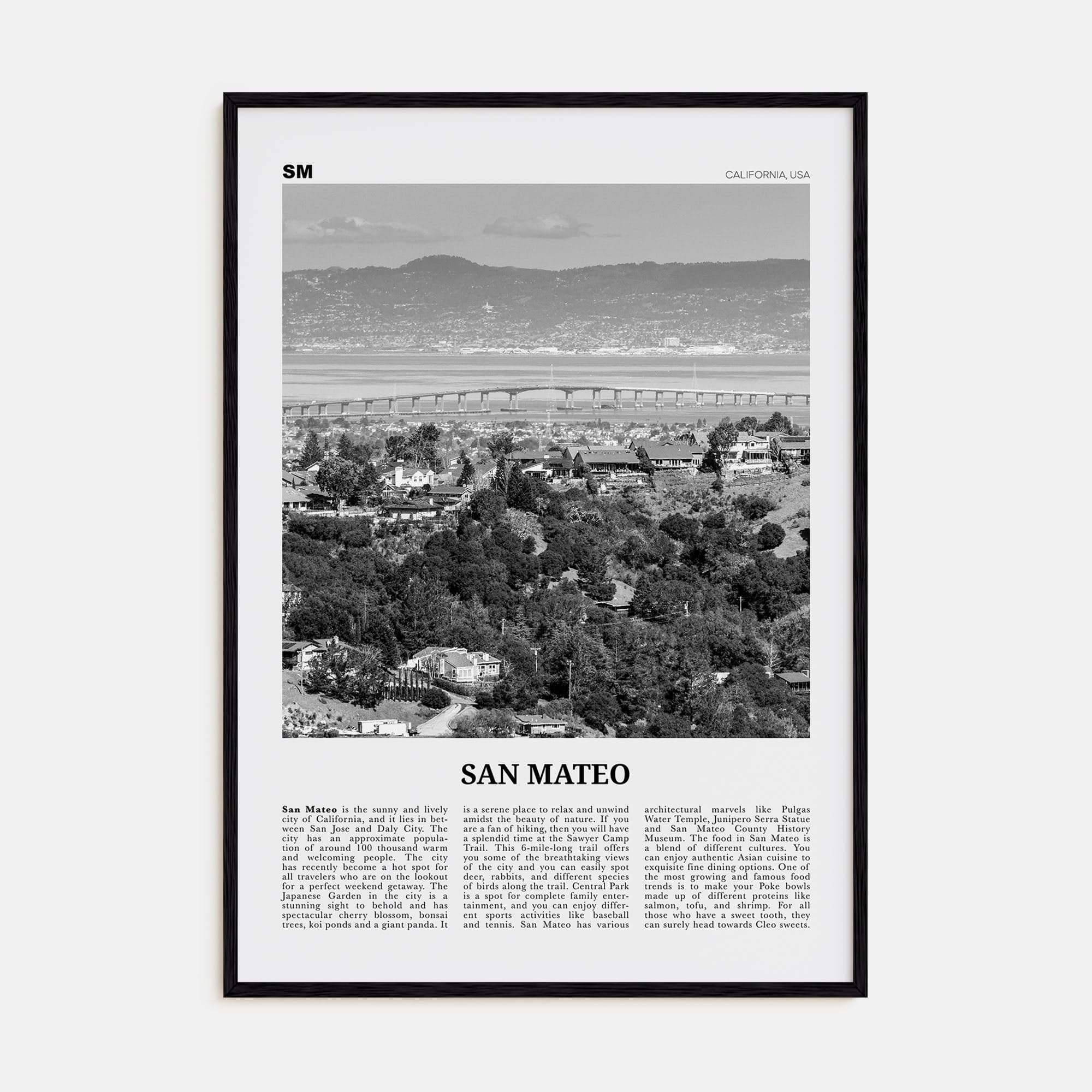 San Mateo Poster Black Wood / 8x12 in Nbourhood Travel B&W Poster