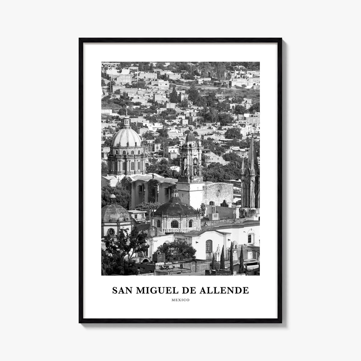 San Miguel de Allende black & white classic poster of Mexico – vertical wall art, unframed print shown in interior mockup