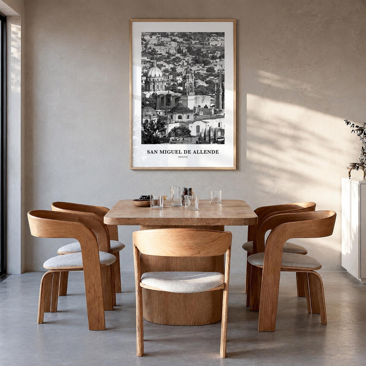 San Miguel de Allende black & white classic poster of Mexico – vertical wall art in natural wood frame, hanging on wall