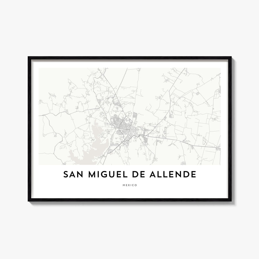 San Miguel de Allende black & white map poster of Mexico – horizontal wall art, unframed print shown in interior mockup