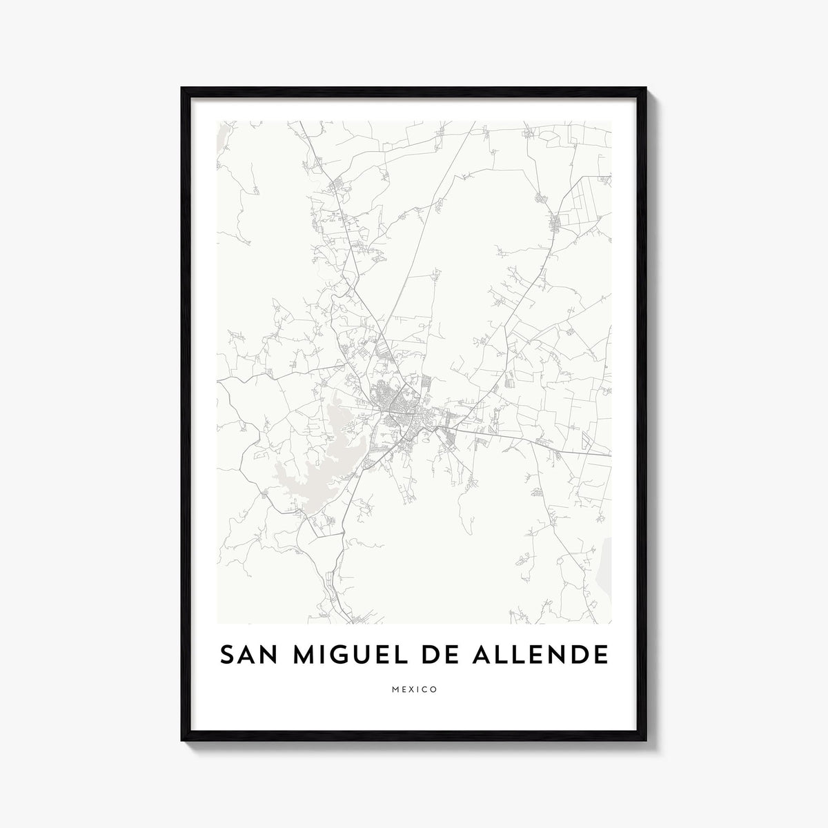 San Miguel de Allende black & white map poster of Mexico – vertical wall art, unframed print shown in interior mockup