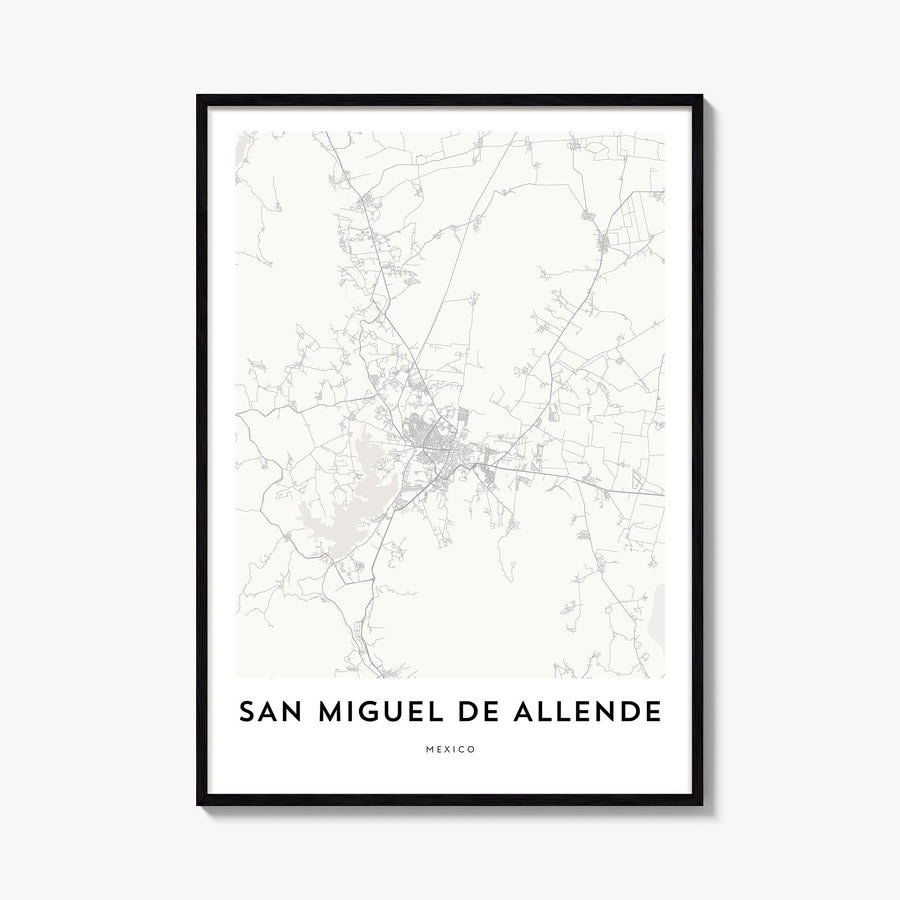 San Miguel de Allende black & white map poster of Mexico – vertical wall art, unframed print shown in interior mockup