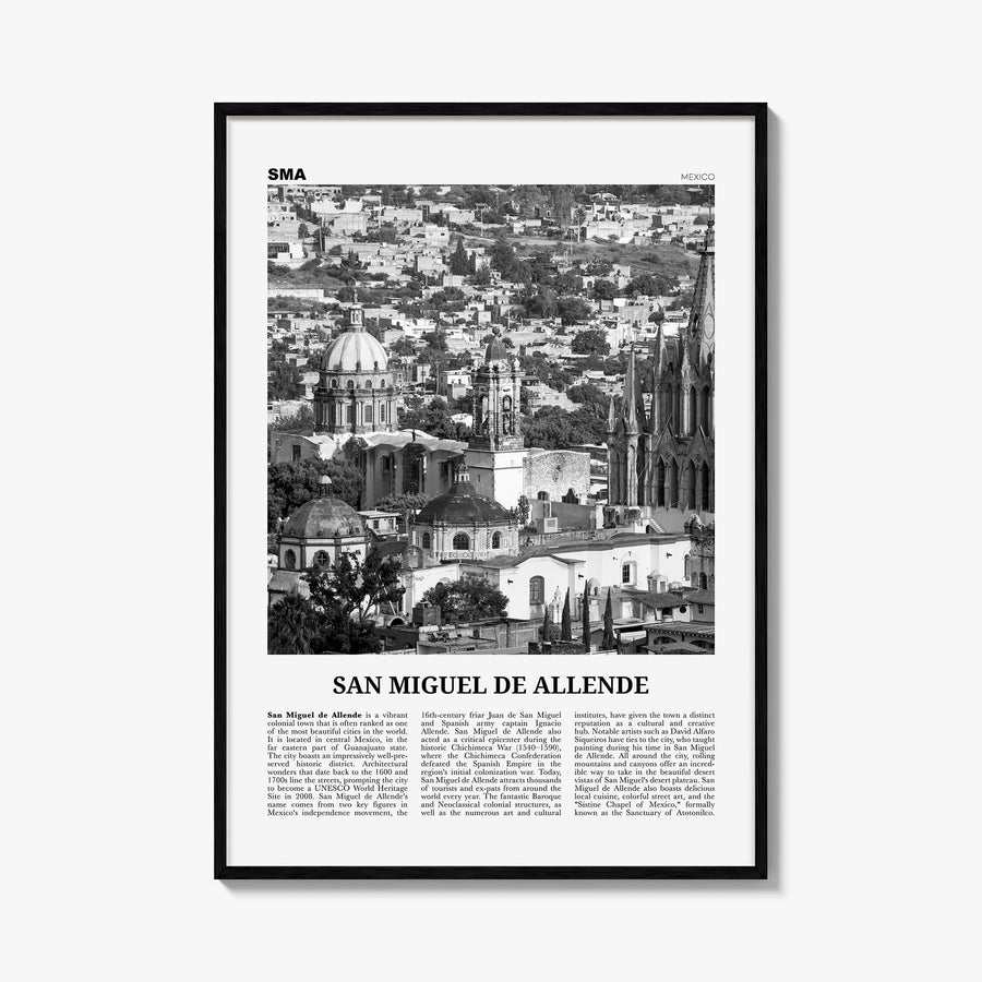 San Miguel de Allende black & white newspaper poster of Mexico – vertical wall art, unframed print shown in interior mockup