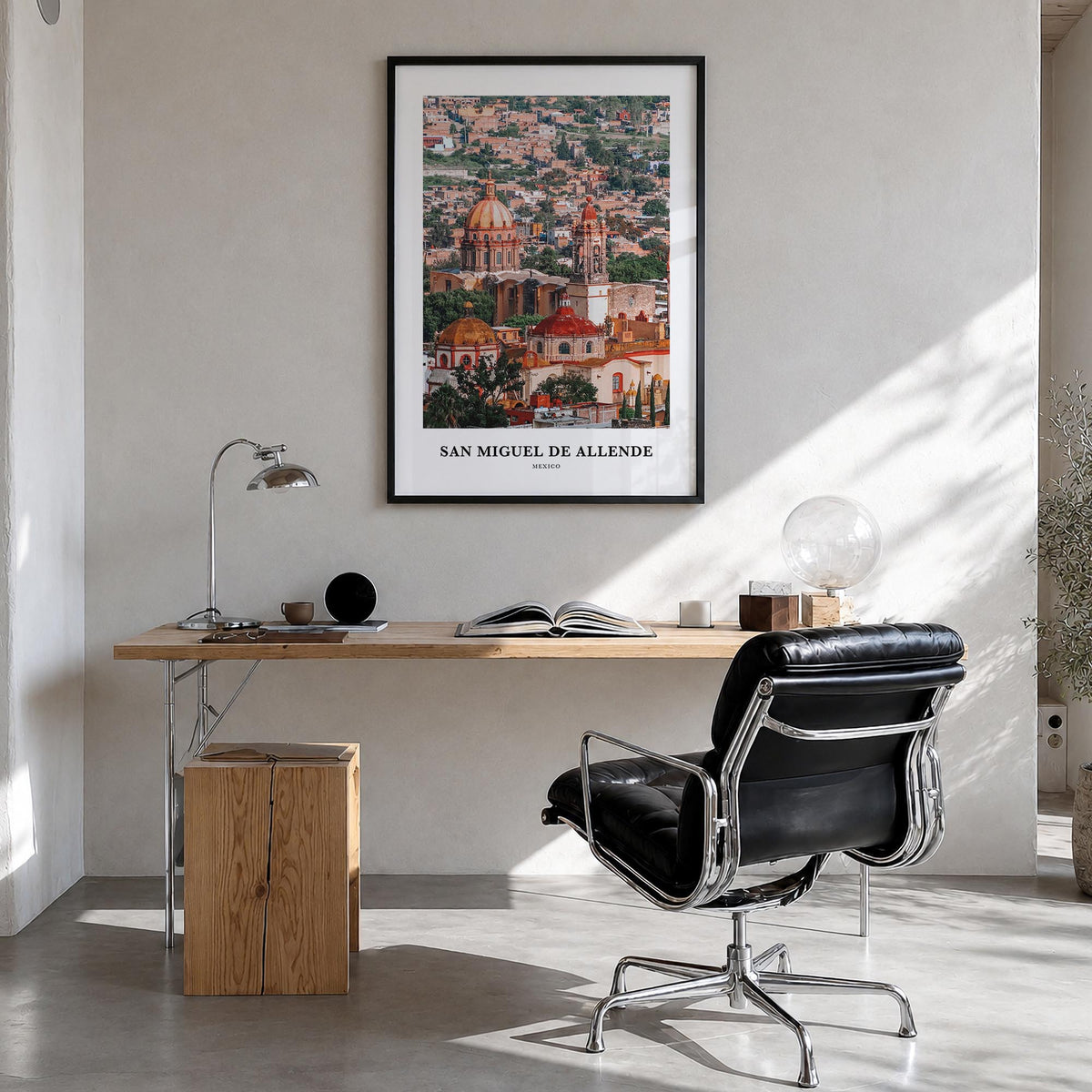San Miguel de Allende colorful classic poster of Mexico – vertical wall art in black wood frame, hanging on wall